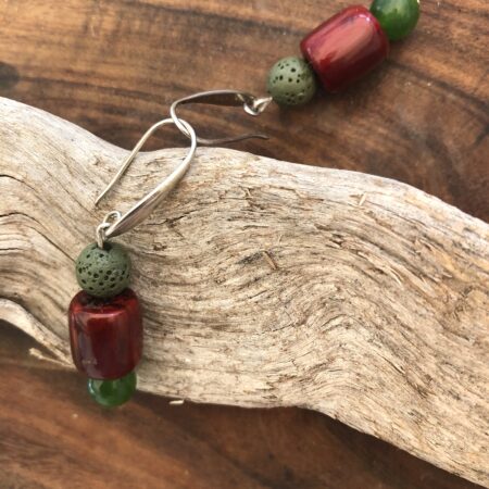 Deep red amber agate with green lava/glass beads